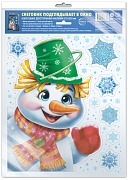 *НМТ1-17510 Новогодние наклейки на окна А4+ В ПАКЕТЕ. Снеговичок подглядывает в окно (многоразовые, видны с обеих сторон, в индивидуальной упаковке, с европодвесом и клеевым клапаном)