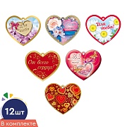 *КМ-18018 Комплект сердечек одинарных на скотче для украшения подарков (12 шт.: 6 видов по 2 шт.)