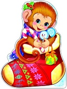 Ф-8852 Плакат вырубной А3. Рождественский носок с подарками и обезьянкой (с блестками и уф-лаком) - группа Животные