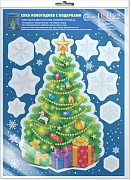 *НМТ1-16502 Новогодние наклейки на окна А4+ В ПАКЕТЕ. Елка новогодняя с подарками (видны с обеих сторон, снежинки из белил, в индивидуальной упаковке, с европодвесом и клеевым клапаном)