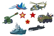 *КМ-17302 Комплект для оформления интерьера со скотчем. Военная техника (6 шт. + 3 фигуры звезд)