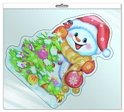 *ФМ-9160 ПЛАКАТ ВЫРУБНОЙ А4 В ПАКЕТЕ. Снеговик с елкой (блестки в лаке, в индивидуальной упаковке, с европодвесом и клеевым клапаном)