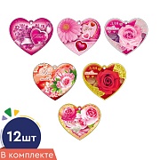 *КМ-18017 Комплект сердечек одинарных на скотче для украшения подарков (12 шт.: 6 видов по 2 шт.)
