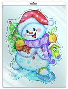 *ФМ-8984 ПЛАКАТ ВЫРУБНОЙ А4 В ПАКЕТЕ. Снеговик с елкой (блестки в лаке, в индивидуальной упаковке, с европодвесом и клеевым клапаном)