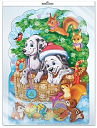 Ф-10938 ПЛАКАТ ВЫРУБНОЙ А3 В ПАКЕТЕ. Новогодние зверюшки в корзинке: сюжет - группа Животные (блестки, в индивидуальной упаковке, с европодвесом и клеевым клапаном)