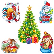 *КБ-17706 Комплект для оформления интерьера со скотчем. Новогодние зверята несут подарки под елочку (ёлка А2 и 3 фигуры зверей А3)