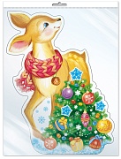 *ФМ-13994 ПЛАКАТ ВЫРУБНОЙ А4 В ПАКЕТЕ. Олененок с елочкой (блестки в лаке, в индивидуальной упаковке, с европодвесом и клеевым клапаном)